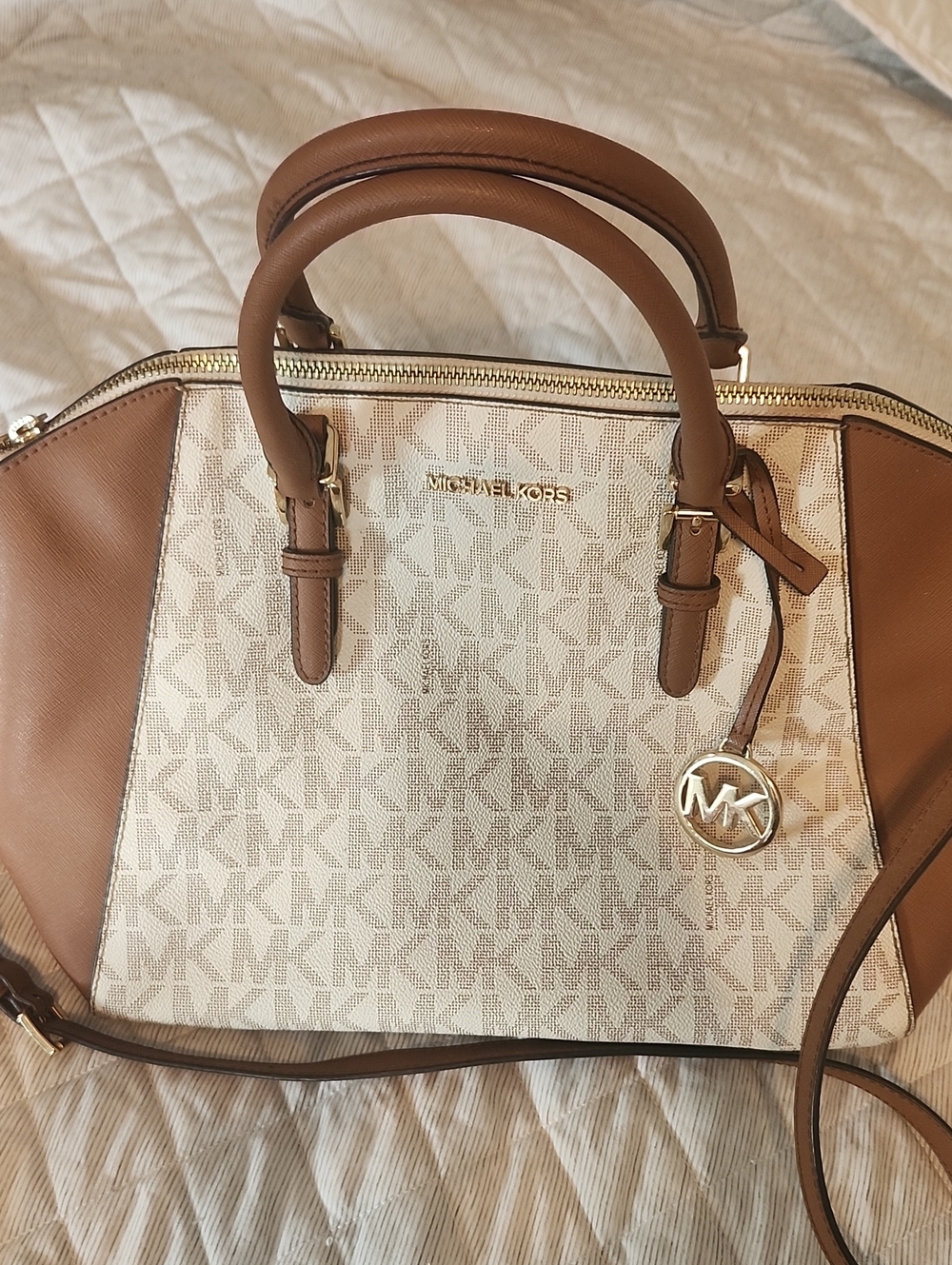 Michael Kors Cream Signature Satchel with Brown Trim